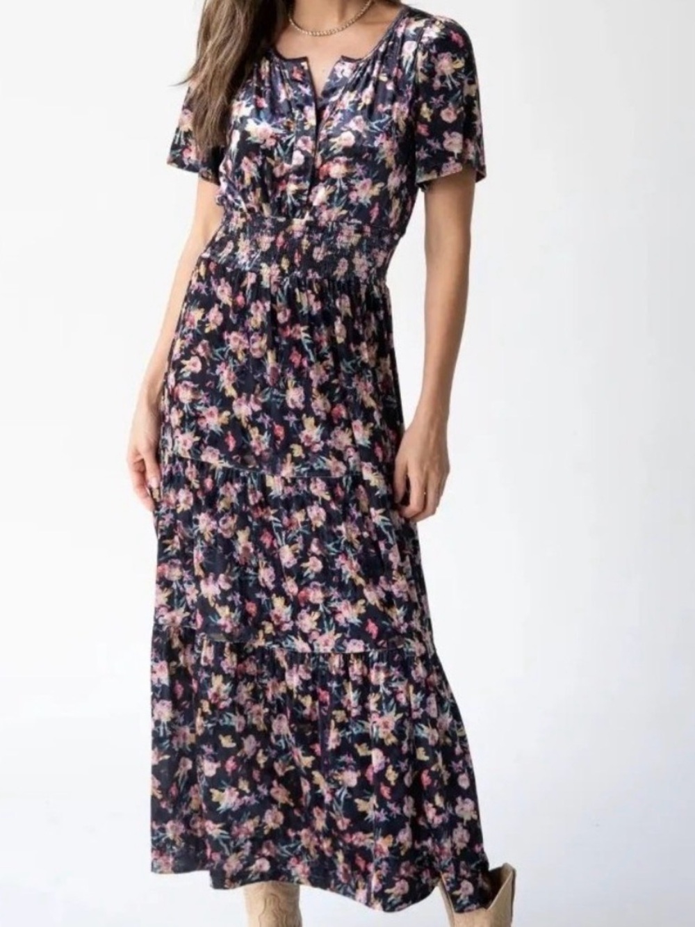 Natural Life Bella Velvet Maxi Dress Dark Green Floral Smocked Tiered Size L